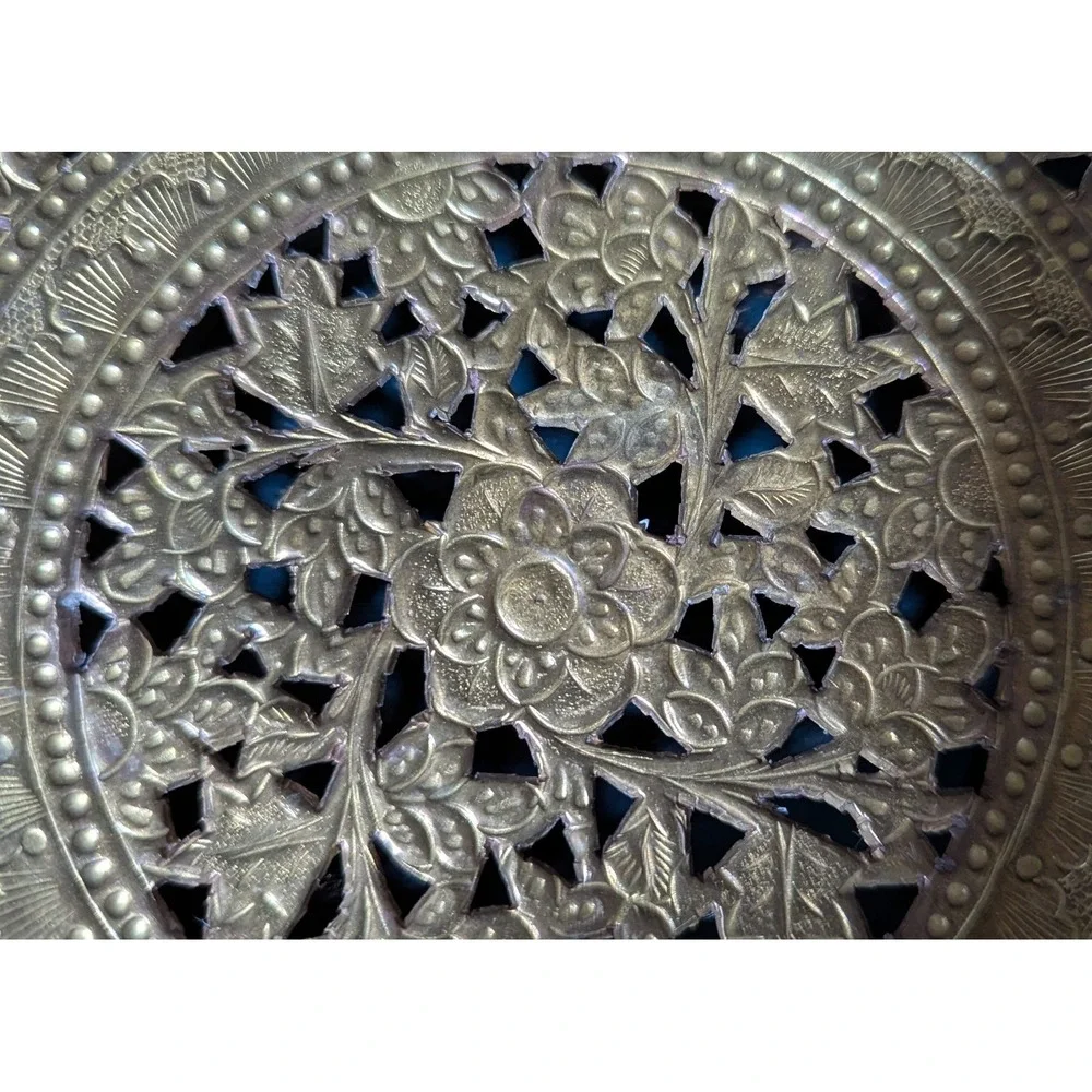 Vintage Pierced Brass Bowl With a Floral and Berries Pattern 11
